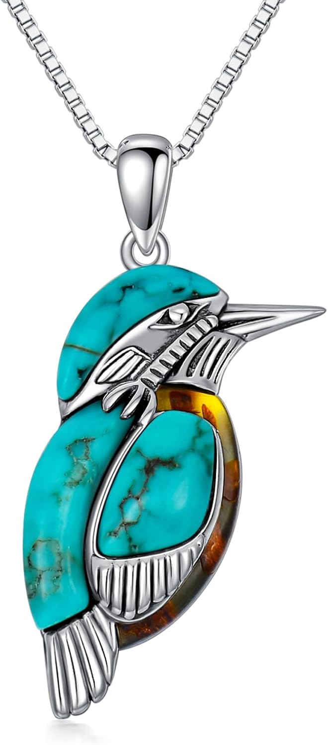 Turquoise with Amber Bird Pendant Necklace